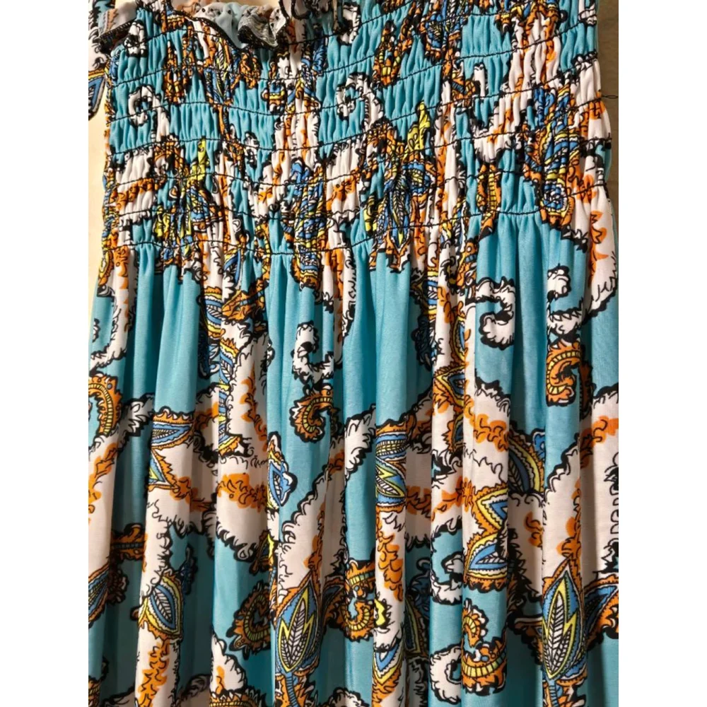 Women's Blue & White Paisley Smocked Maxi Dress S - Picture 4 of 5